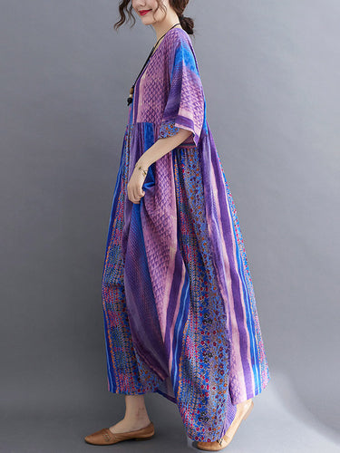 ヴィンテージサイドポケットストライプの花の印刷されたミディドレス