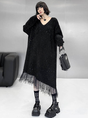 1720291 Irregularity Long Sleeves Contrast Color Sequined Shiny Split-Joint Tasseled V-Neck Midi Dresses Sweater Dresses