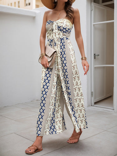 1768582 High Waisted Sleeveless Backless Contrast Color Pleated Printed Split-Joint Tied Twist Tube Jumpsuits