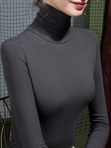 Long Sleeves Plus Size Solid Color Split-Joint High Neck T-Shirts