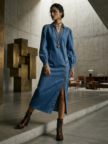 1757286 Long Sleeves Loose Asymmetric Buttoned Solid Color Split-Joint Split-Side Lapel Midi Dresses