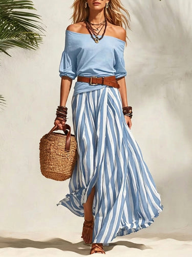 1785788 Half Sleeves Solid Color Off-The-Shoulder T-Shirts Tops + Belted Contrast Color A-Line Striped Skirts Bottoms Two Pieces Set