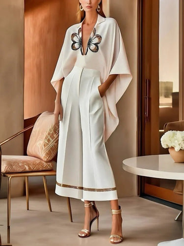 Batwing Sleeves High-Low Flower Print V-Neck Blouses&Shirts Tops