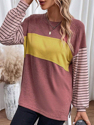 1747732 Long Sleeves Loose Contrast Color Split-Joint Striped Round-Neck Blouses&Shirts Tops