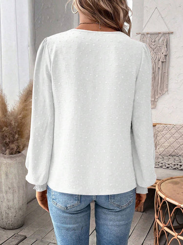 1780417 Balloon Sleeves Long Sleeves Embroidered Hollow Solid Color V-Neck Blouses&Shirts Tops