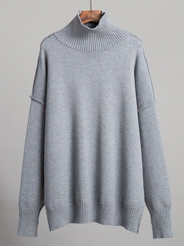 Original Loose Split-Joint Contrast Color High-Neck Long Sleeves Sweater Top