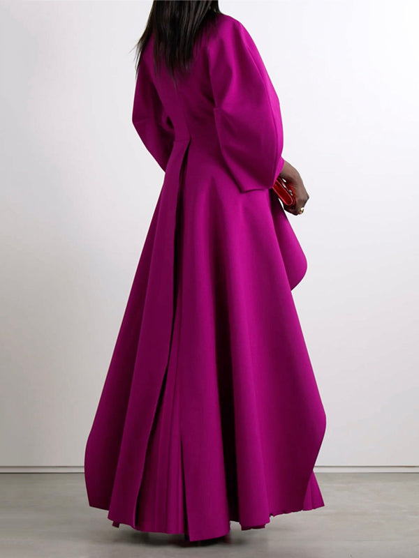 Long Sleeves Loose Pleated Ruffled Solid Color Split-Joint Lapel Midi Dresses Shirt Dress