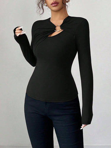 1715897 Long Sleeves Skinny Solid Color Split-Joint Asymmetric Collar T-Shirts