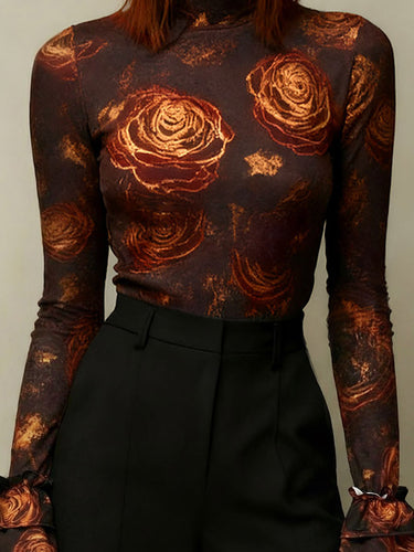 Blusen und Hemden mit ausgestellten Ärmeln, langen Ärmeln, Blumenmuster und hohem Kragen 