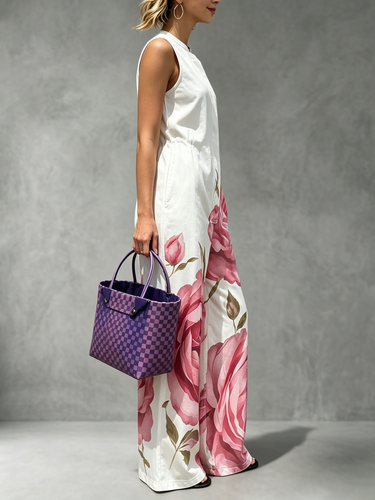1774532 Jumpsuits met hoge taille, losse bloemenprint, geplooide zakken en ronde hals
