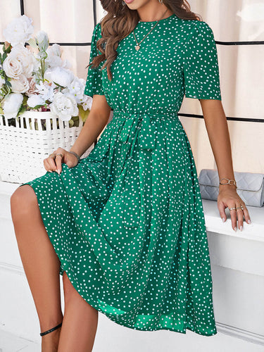 1746064 A-Line Elasticated Waist Contrast Color Polka Dot Split-Joint Tied Waist Round-Neck Midi Dresses
