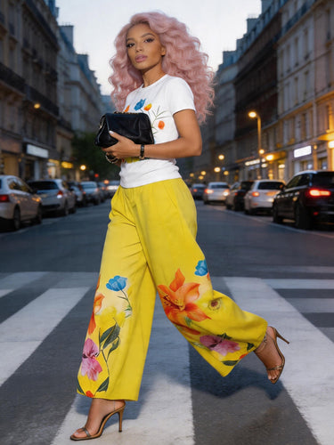 High Waisted Loose Flower Print Pockets Solid Color Pants Trousers