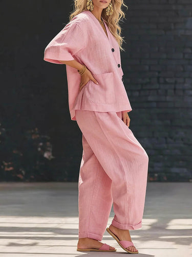 1771070 Loose Solid Color V-Neck Asymmetric Buttoned Blouses&Shirts Tops + High Waisted Pockets Pants Trousers Two Pieces Set