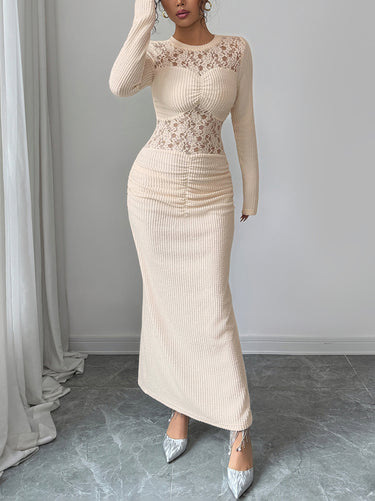 Bodycon Long Sleeves Hollow Lacy Pleated Solid Color Split-Back Split-Joint Zipper Round-Neck Maxi Dresses