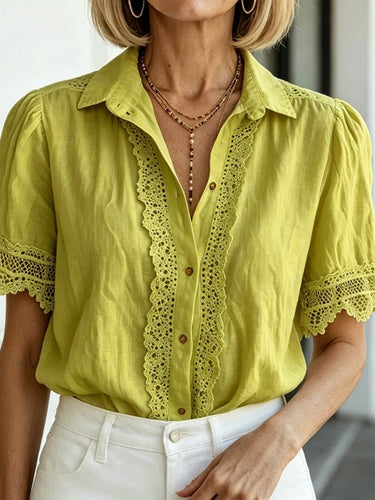 1777291 Plus Size Short Sleeves Buttoned Hollow Pleated Solid Color Lapel Blouses&Shirts Tops