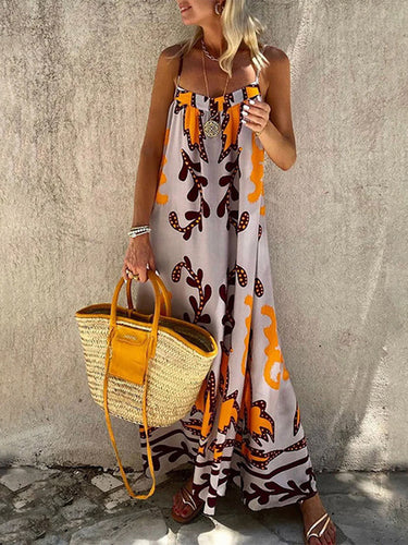 1751304 A-Line High Waisted Contrast Color Pleated Printed Split-Joint Spaghetti-Neck Midi Dresses