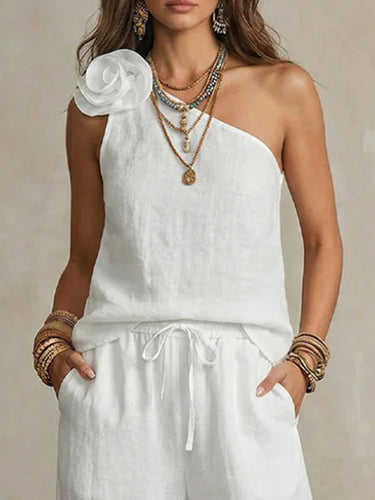 1783095 Loose Sleeveless Solid Color Three-Dimensional Flower One-Shoulder Tank Top