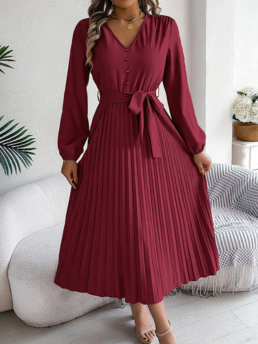 1713858 High Waisted Long Sleeves Belted Buttoned Pleated Solid Color V-Neck Maxi Dresses
