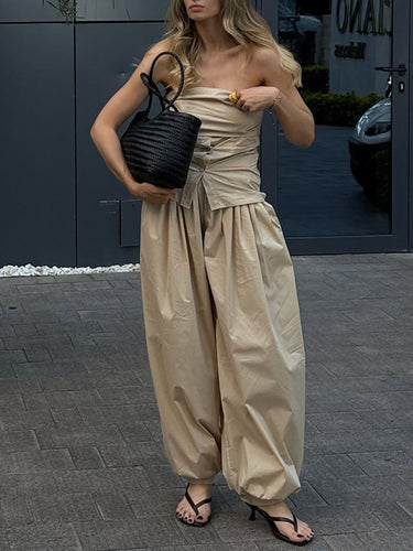 1751613 Pantaloni alla caviglia in tinta unita pieghettati con coulisse a vita alta elasticizzata