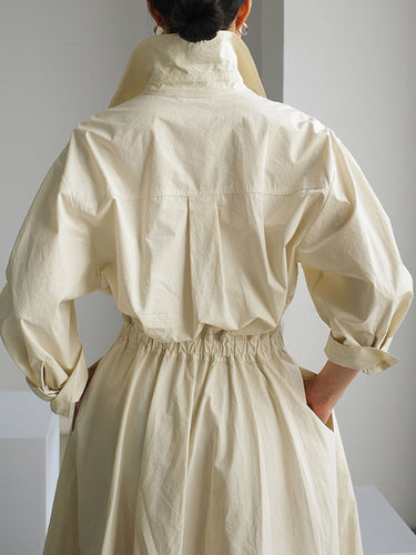 785176 Long Sleeves Loose Buttoned Solid Color Lapel Midi Dresses