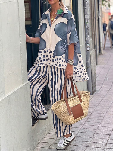 1781343 Half Sleeves Buttoned Flower Print Polka-Dot Lapel Blouses&Shirts Tops + High Waisted Pants Trousers Two Pieces Set