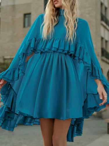 1755958 High Waisted Sleeveless Pleated Ruffled Solid Color Split-Joint Tied Mock Neck Mini Dresses Two Pieces Set