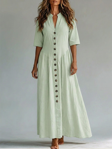 1785805 Half Sleeves Puff Sleeves Buttoned Pleated Solid Color Split-Joint Deep V-Neck Maxi Dresses