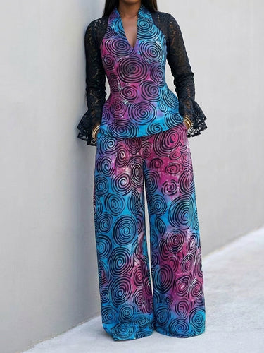 1784966 High Waisted Loose Contrast Color Pockets Printed Pants Trousers