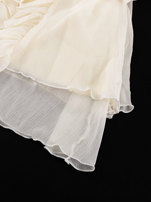 Women's Dress A-line – Relaxed Fit – V-neck – Ruffle Details – Short Sleeved – Layered main image 1