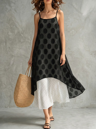 Falso dos vestidos midi sin mangas con lunares en contraste y cuello espagueti transparente Vestido lencero