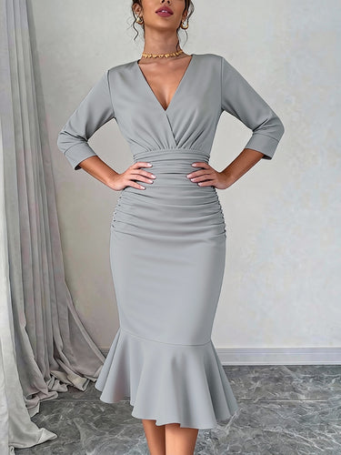 Bodycon Elasticated Waist Interlace Solid Color Split-Joint Split-Side Deep V-Neck Midi Dresses