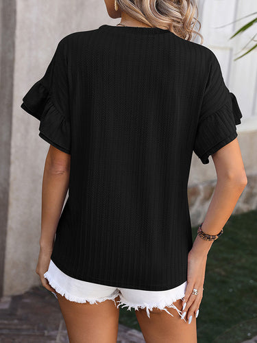 1442198 Wrap Falbala Solid Color Round-Neck T-Shirts Tops