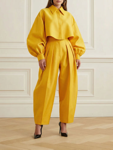 High-Low Loose Pleated Pockets Solid Color Pants Trousers