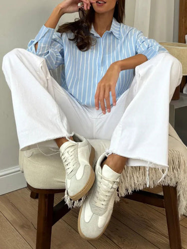 1751471 Long Sleeves Loose Buttoned Contrast Color Split-Joint Striped Lapel Blouses&Shirts Tops