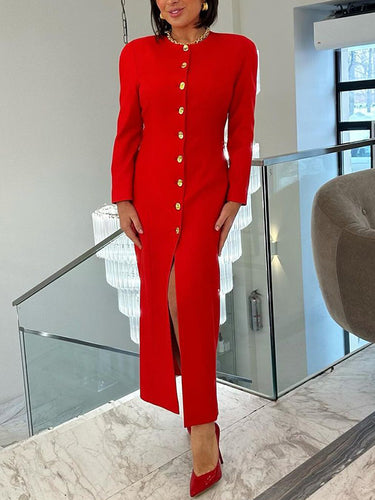 1651732 Bodycon lange mouwen effen kleur V-hals maxi-jurken met knopen en overhemdjurk