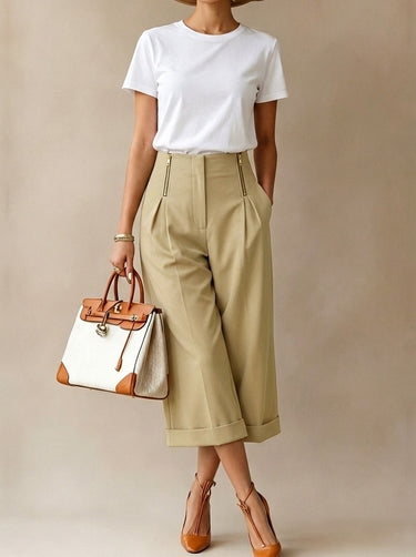1780720 High Waisted Wide Leg Elasticity Pleated Pockets Solid Color Zipper Capri-Pants Cropped Trousers