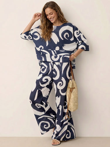 1784557 Printed Contrast Color Loose Three-Quarter Sleeve Round-Neck Blouses&Shirts Tops + Elasticity Wide Leg  Pockets Pants Bottoms Two Pieces Set