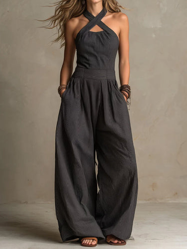 High Waisted Plus Size Pleated Pockets Solid Color Halter-Neck Jumpsuits
