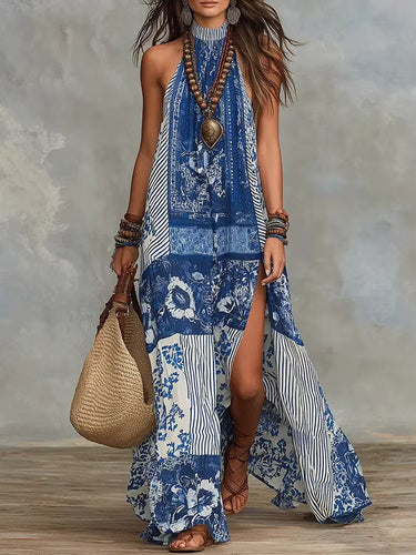 1785094 A-Line Loose Backless Contrast Color Flower Print Printed Split-Side Striped Halter-Neck Maxi Dresses
