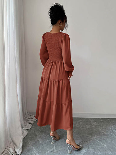 1731565 Elasticated Waist High Waisted Pleated Solid Color Split-Joint Round-Neck Midi Dresses