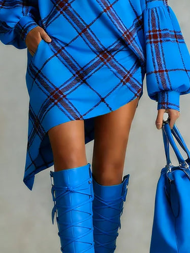 Long Sleeves Puff Sleeves Asymmetric Contrast Color Plaid Pleated One-Shoulder Mini Dresses
