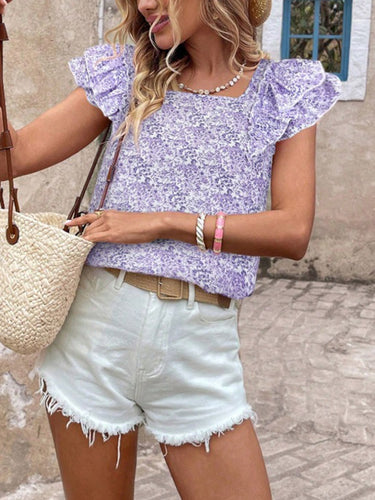 1777330 Blusa a maniche corte, senza schienale, con stampa floreale e fiocco sulla schiena, plissettata e scollo quadrato.&Stop