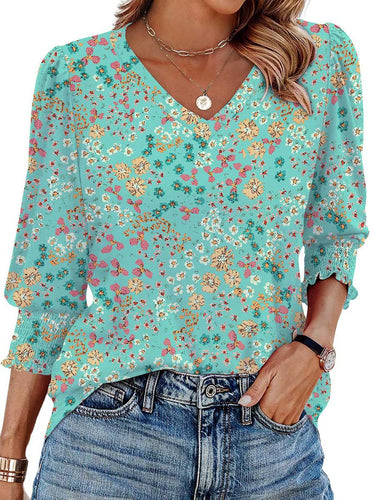 1752315 Long Sleeves Loose Contrast Color Pleated Printed Split-Joint V-Neck T-Shirts Tops