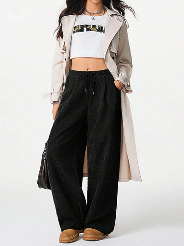 1734580 High Waisted Wide Leg Drawstring Elasticity Pockets Solid Color Pants Trousers