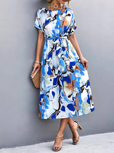 Vestidos midi de cuello redondo de cuello redondo de cuello redondo con cintura con estampado hueco.