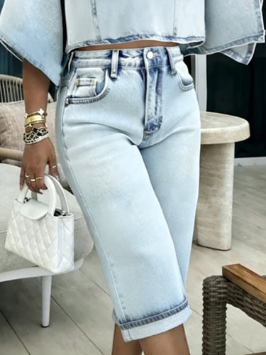 High Waisted Buttoned Contrast Color Pockets Split-Joint Denim Shorts