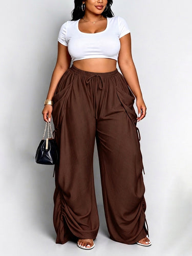 1785472 High Waisted Loose Drawstring Elasticity Pockets Split-Joint Pants Trousers