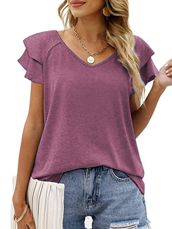 Round Neck With Ruffles Loose Ruffle Sleeves Double Layered Solid Color Split-Joint Round-Neck ...