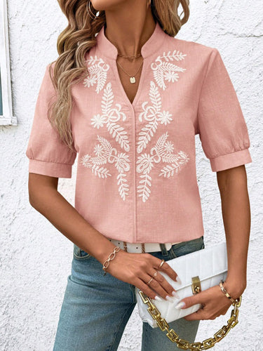 1752278 Loose Short Sleeves Flower-Embellished Contrast Color Split-Joint Stand Collar Blouses&Shirts Tops