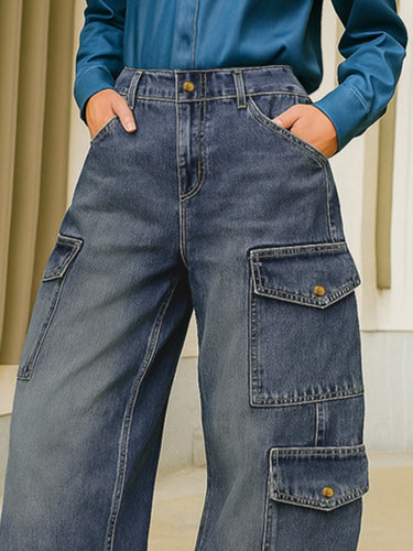 High Waisted Loose Buttoned Pockets Solid Color Split-Joint Jean Pants Bottoms